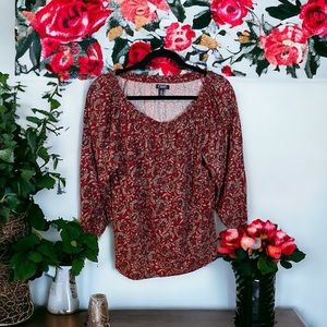 Chaps Maroon Paisley Scoop Neck Long Sleeve Blouse